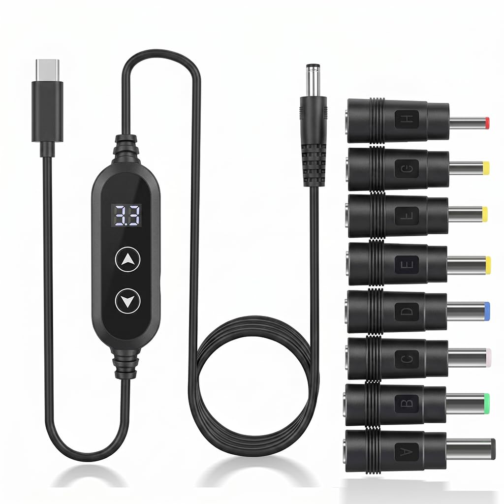 Verilux® PD 65W Type C to DC Power Cord with 8 Connectors, 5V-20V Five-Speed Adjustable Power Design with Digital Display & Dual-Button, USB C to DC Converter for Laptops, Routers, Home Appliances-image-39