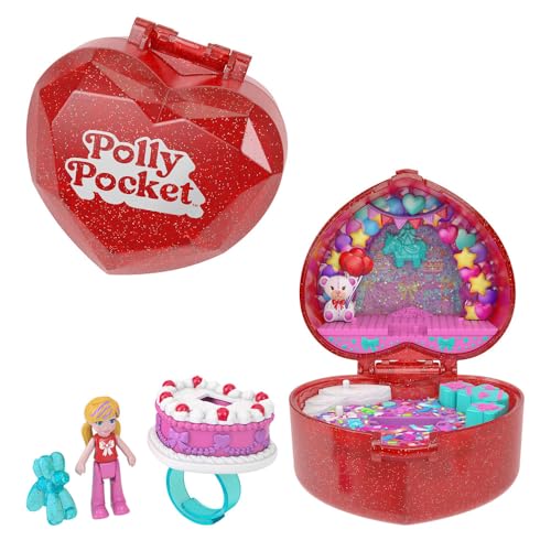 Polly Pocket Mattel Estuche con forma de caja para anillos del 80. aniversario, joyero con muñeca, mascota globo y anillo que se puede poner, con temática de celebración, JGK21
