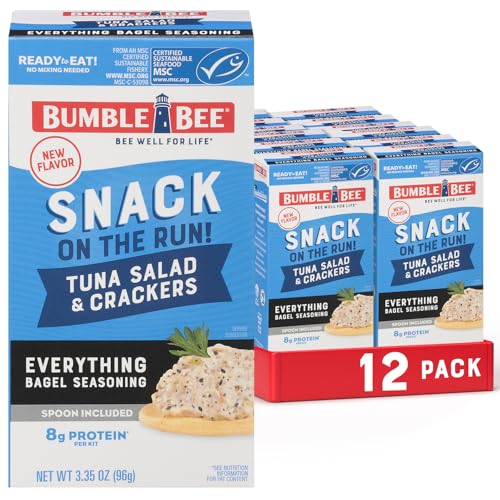 Bumble Bee Snack On The Run Everything Bagel Seasoning Tuna Salad with Crackers Kit (Pack of 12) - Ready to Eat Protein Snack Pack - 8g Protein per Box - Wild Caught MSC Certified Tuna