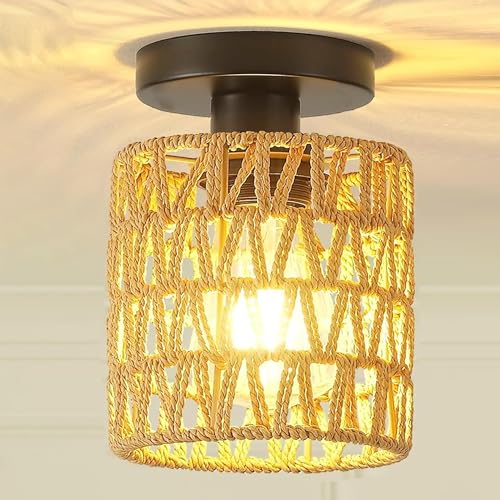 Image of Handwoven Rope Flush Mount Ceiling Light with Metal Frame, Boho Farmhouse Ceiling Lamp, Rustic Jute Hanging Light Fixture for Living Room, Bedroom, Hallway, Balcony, E27 Bulb Holder