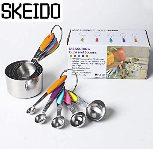 SKEIDO Measuring Cups and Spoons Set, 10 PCS Solid Sturdy Stainless Steel Stackable Measuring Cups Set to Measure Dry and Liquid Ingredients with Soft Handles,for Kitchen Cooking Baking