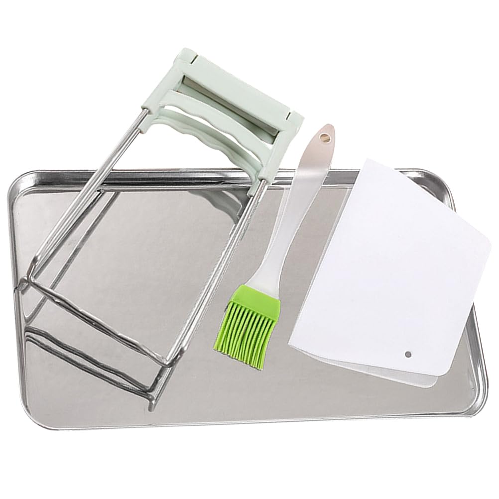 BESTonZON Stainless Steel Cheung Fun Steamer Pan with Brush Scraper and Gripper Metal Tray, Rice Noodle Rolls Tool Kit Stainless Steel Steamed Vermicelli Roll Plate for Rice Noodle Rolls