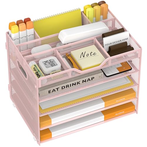 OrgMate 5 Tier Paper Letter Tray 3 Drop-in Pen Holders,