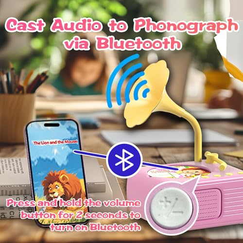 Image of Kids Music Record Player with Speakers - 96 Recorded & 8 DIY Discs, Bluetooth Song Story Machine, Portable Retro Phonograph for Toddlers in School Gifts for Boys Girls Ages 3-12 (Pink)