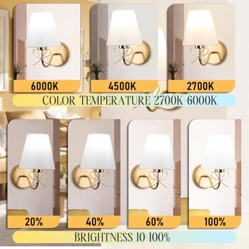 Image of Antique Brass Bow Wall Sconces, Gold Wall Light Set of 2 with Plug-in Cord or Hardwired 110V, Remote Control Dimmable LED Bulbs for Bedroom Living Room Home Mulit Color Temperature