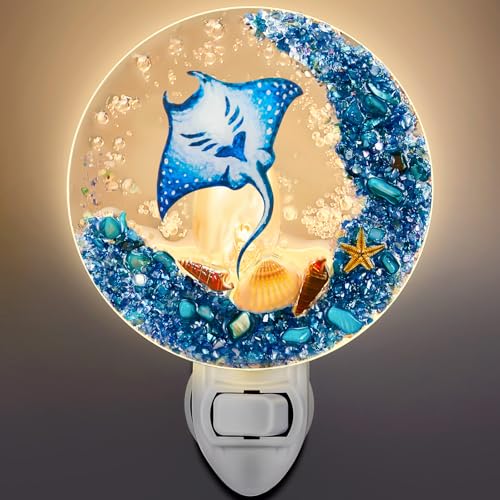 Image of Hortsun Plug in Seashell Night Light Ocean Sea Animal Decorative Night Light Plug in Beach Lamps Vintage Ocean Lamps for Adult for Home Bedroom Living Room Bathroom Wall(Manta Ray)