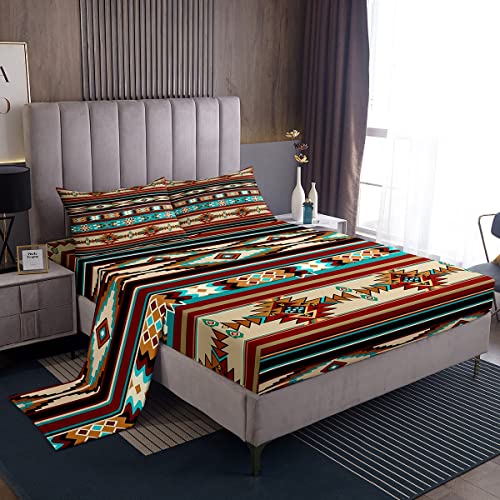 Western Bed Sheet Set Boho Aztec Bed Sheets Cowboy Cowgirl Southwestern Bedding Set for Kids Boys Girls Rustic Farmhouse Country Bedroom Decor Bohemian Tribe Arrow Retro Sheet Sets King Size