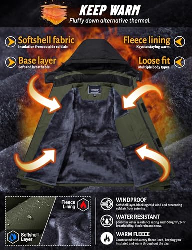 TACVASEN Herren Arbeitsjacke Winter Angeljacke Übergangsjacke Regenjacke Outdoorjacke Wasserdicht Atmungsaktiv Winddicht, Armeegrün, L