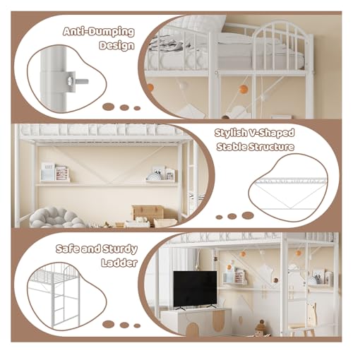 Loft Bed Twin Size with Stairs and Arched Guardrail, Sturdy Metal Slats Support, Space Saving, Noise Free, No Box Spring Needed, Ideal for Kid Room and Dorm, White