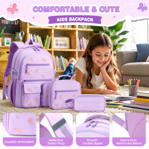 Image of DIGOBAY Backpack for Girls 6-8, 3PCS Embroidery Toddler Girls Backpack with Lunch Bag Pencil Case, 15.7 inch Kids School Bookbag for Preschool Kindergarten Elementary Daycare Backpacks, Purple Butterfly