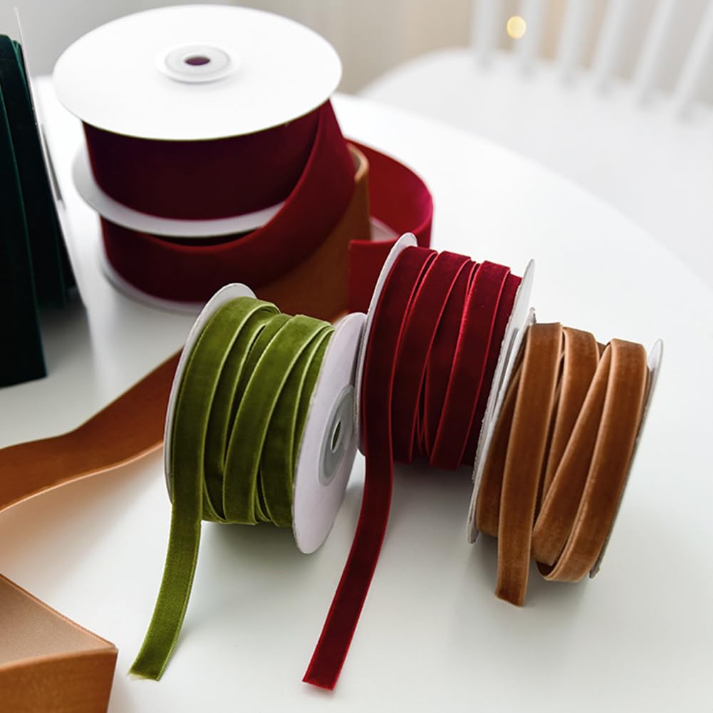 CABODYALS 2 Roll 20M 10mm Olive Green Velvet Ribbon Vintage Thin Single Face Soild Crushed Velvet Fabric Soft Ribbons Bundle Rolls with Spool for Christmas Tree Bridal Favors Invitations Craft DIY - Image 4