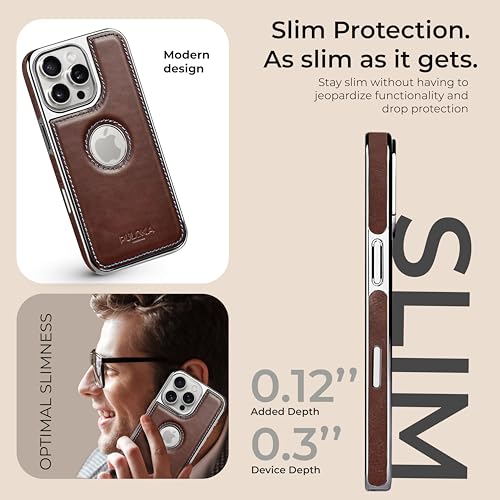 Image of PULOKA Chrome Leather Back Case - Compatible with iPhone 16 Pro - Luxury Bumper Case - Flexible Vegan Leather - Electroplated Sides & Logocut - Full Camera Protetection & Raised Edges - Brown