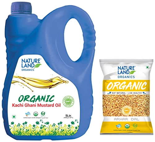 Image of Natureland Organics Mustard Oil Jar, 5 L & Arhar /Toor Dal Pouch, 1 kg
