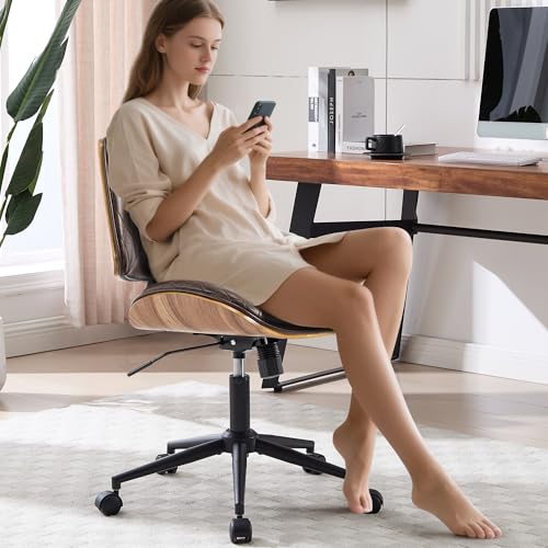 Image of Walnut Bentwood Mid Back Armless Office Chair 1 Pack, Adjustable Height PU Leather Swivel Desk Chair with Wheels, Rolling Computer Task Chair for Home Office, Study, Meeting Room