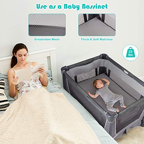 Honey Joy Pack And Play With Bassinet, 4-In-1 Baby Playard With Changing Table & Removable Infant Full-Size Bassinet, Diaper Storage Basket & Music, Foldable Nursery Center W/ Carry Bag (Gray) #TOP3
