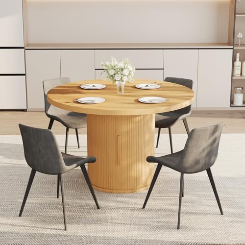 Image of HIPIHOM 5-Piece Dining Set for Small Spaces 43.3 inch Round Table & 4 PU Leather Chairs, Modern Farmhouse with Storage Shelf, Apartment Kitchen Easy Assembly (Natural Color Round Table + 4 Gray Chairs)