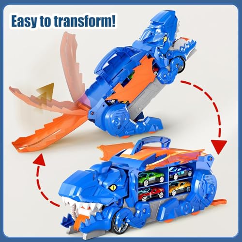 Image of Dinosaur Planet Transporter Truck Toy with Track | Push & Go Dinosaur Car Carrier with 2 Die-Cast Cars | Convertible Race Track Playset | Toy Gift for Boys & Girls Ages 3-6 Year