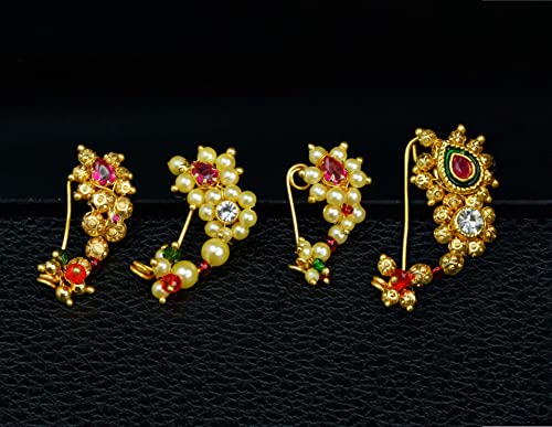 Image of Medium Size Traditional Maharashtrian Banu Nath Nose Stud without piercing Pearl Gold Plated Nath Combo Clip On Nose Ring For Women