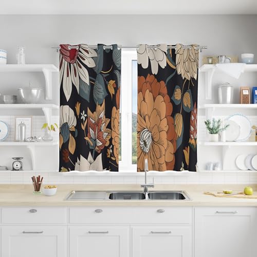 Image of Tyrot Black Boho Floral Grommet Blackout Curtains, 52W x 45L, 2 Panels