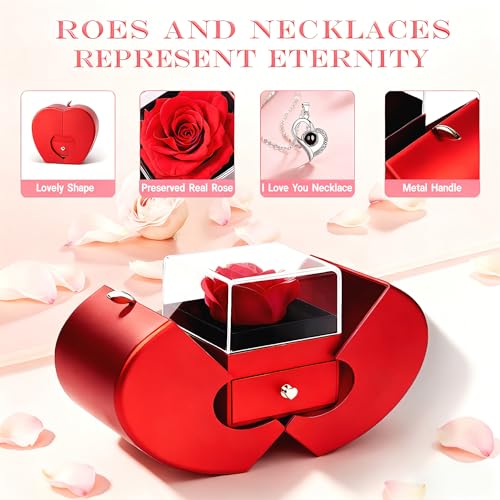 MACREATIVE Preserved Rose Apple Jewelry Gift Box with I Love You Necklace in 100 Languages - Eternal Flower Gifts for Women Mom Wife Girlfriend on Birthday, Anniversary, Graduation — view 2