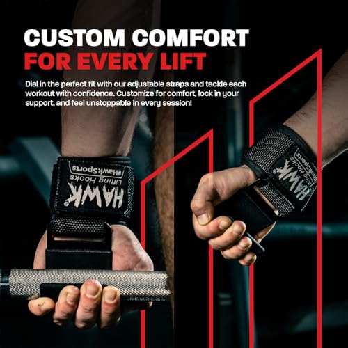 image for Hawk Sports Black - Lifting Hooks - Wrist Hooks for Weightlifting, 17 