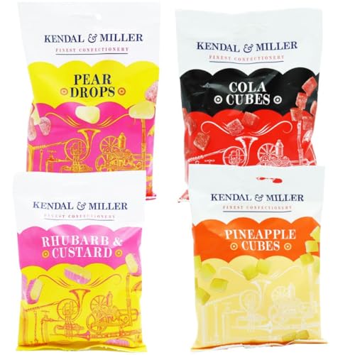 Traditional British Sweets 4 Pack Pear Drops Cola Cubes Rhubarb & Custard Pineapple Cubes Retro Boiled Sweets Gift Set Vegetarian 4 x 150g Bags