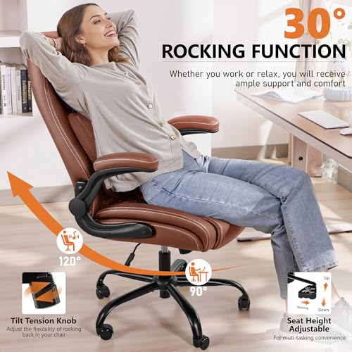 Image of Office Desk Chair, Ergonomic Lumbar Support for Lower Back Pain | Executive Leather Home Chair Comfy with Padded Flip-up Armrests, Brown, 2-Pack