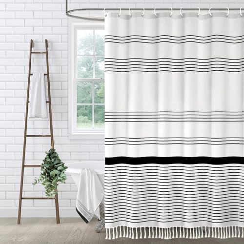 XOGUIBO Black and White Shower Curtain Cotton Boho Striped Shower Curtains for Bathroom with Tassel 72 X 72