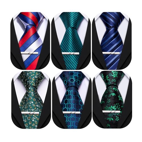 Image of Barry.Wang Mens 6 PCS Ties Silk Striped Paisley Check Floral Necktie Silky Woven Wedding Business Party Ties 3.34 inch