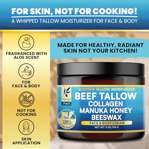 Okaga Organic Beef Tallow for Skin, Organic Grass-Fed Beef Tallow Balm with Manuka Honey, Aloe Vera, Jojoba Oil, Collagen & Beeswax, Olive Oil, Moisturizer for Dry Skin, Nourishes Face, Body & Lips (5oz)
