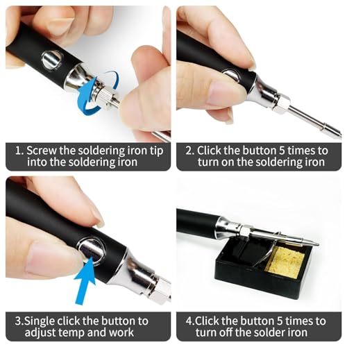 Image of Cordless USB Rechargeable Soldering Iron Kit with 1000mAh Battery, Fast Heating 15s, 3 Temperature Levels up to 450C, Type-C Portable Soldering Pen for Electronics Repair, Mobile Fixing