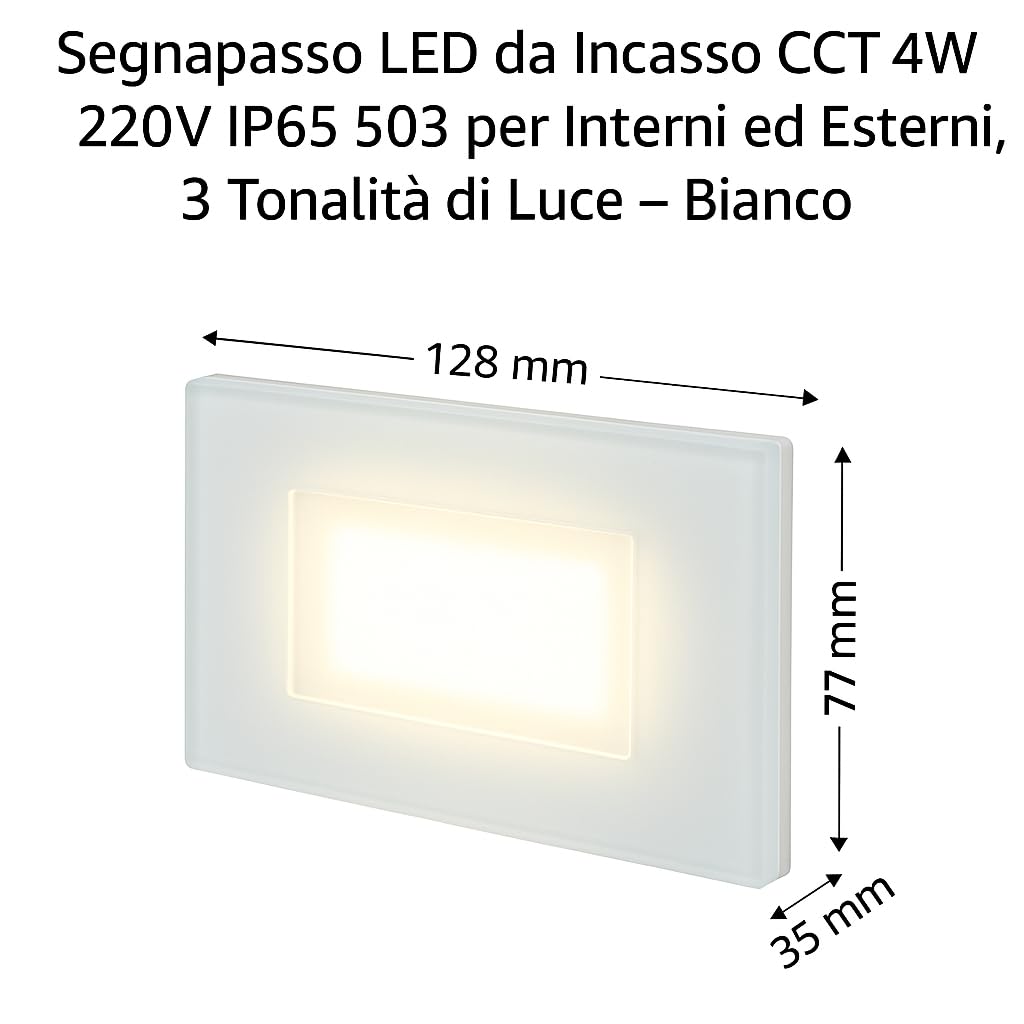 Kit 9 Segnapassi LED in vetro da Incasso per Scatola 503 CCT 3000K 4000K 6500K IP65 Esterno Interno 220V 4W 150 Lumen – Luce Selezionabile per Scale, Pareti, Muri, Vialetti – Moderno (Bianco)