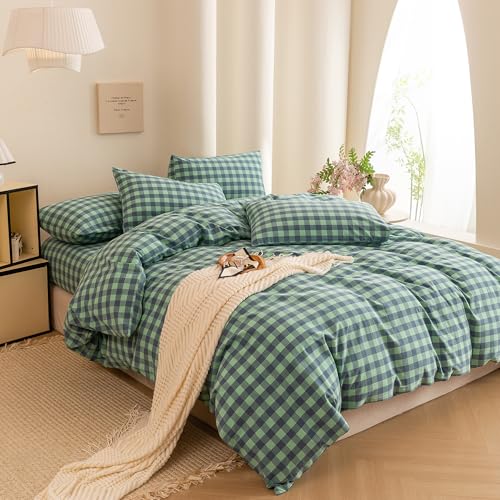 Image of ECOCOTT Grid Plaid Duvet Cover Queen Size -100% Washed Cotton Linen Like Textured Breathable Durable Soft Comfy Bedding Set Mini Green Blue Plaid Comforter Cover