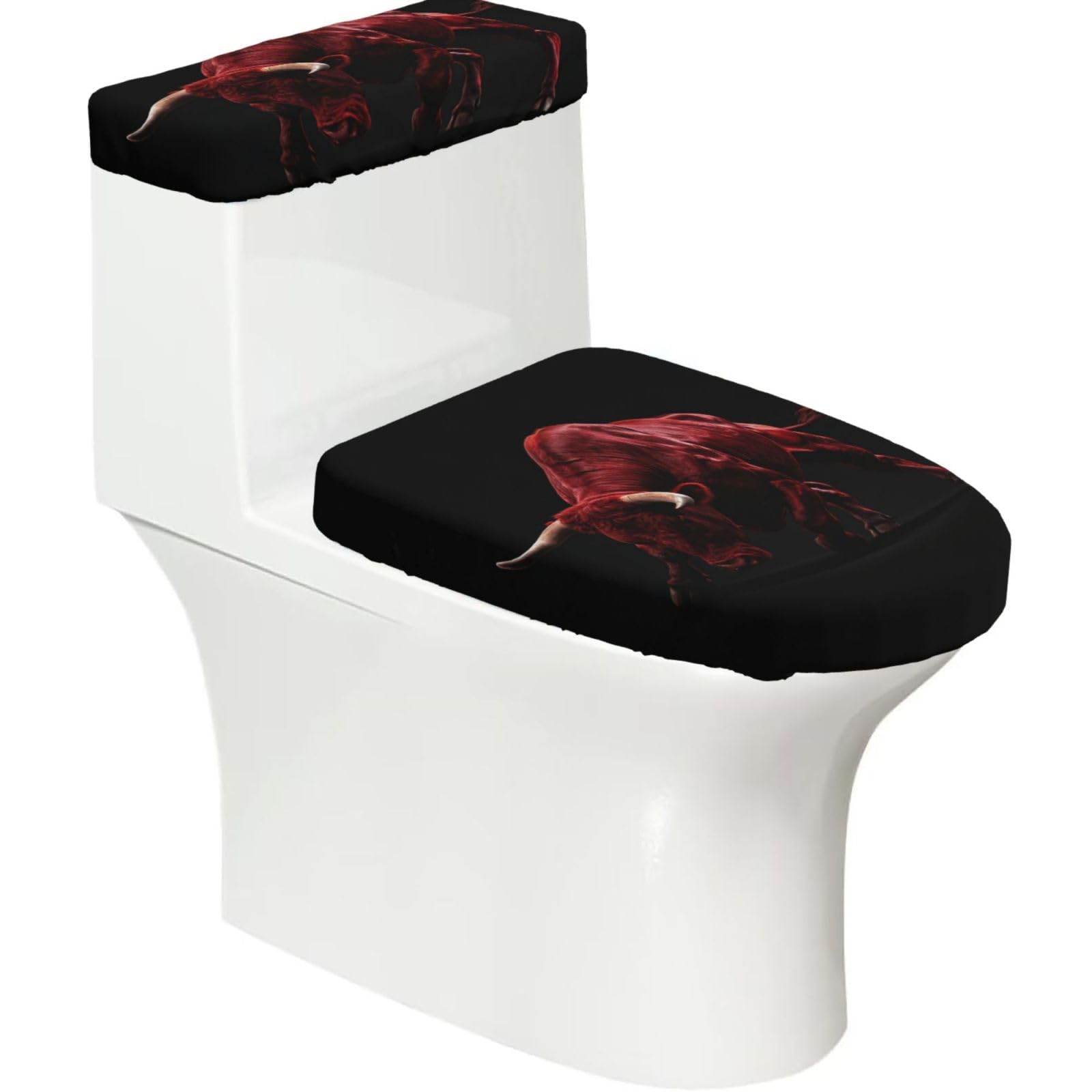 Bull Charge Shape Elastic Toilet Cover Set of 2-Stretchy Lid and Tank Covers for Bathroom, Soft Washable U Shape Toilet Decor