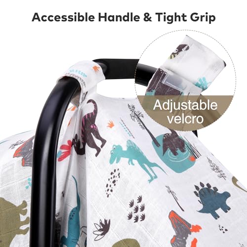 Image of Rquite Baby Boy Car Seat Cover, 100% Muslin Cotton Infant Carseat Canopy, Soft Breathable Stroller Sun Shade & Newborn Shower Gift, Large Size Universal Fit Summer, Hot & Warm Weather (Gray Dinosaur)