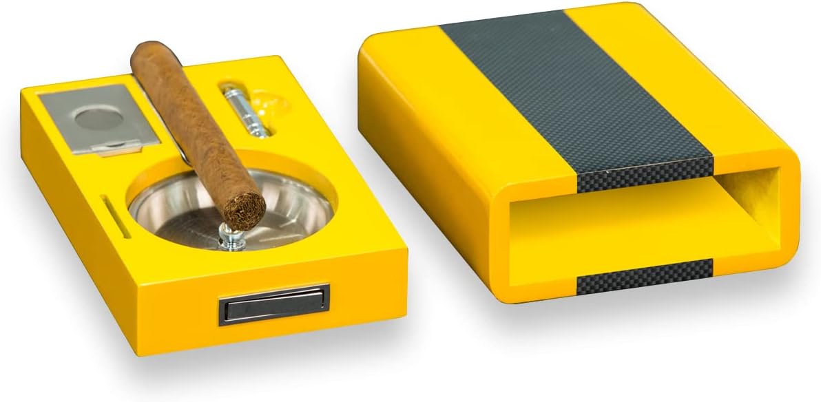 Bey-Berk Cigar Ashtray/Cutter Yellow & Carbon Fiber Color