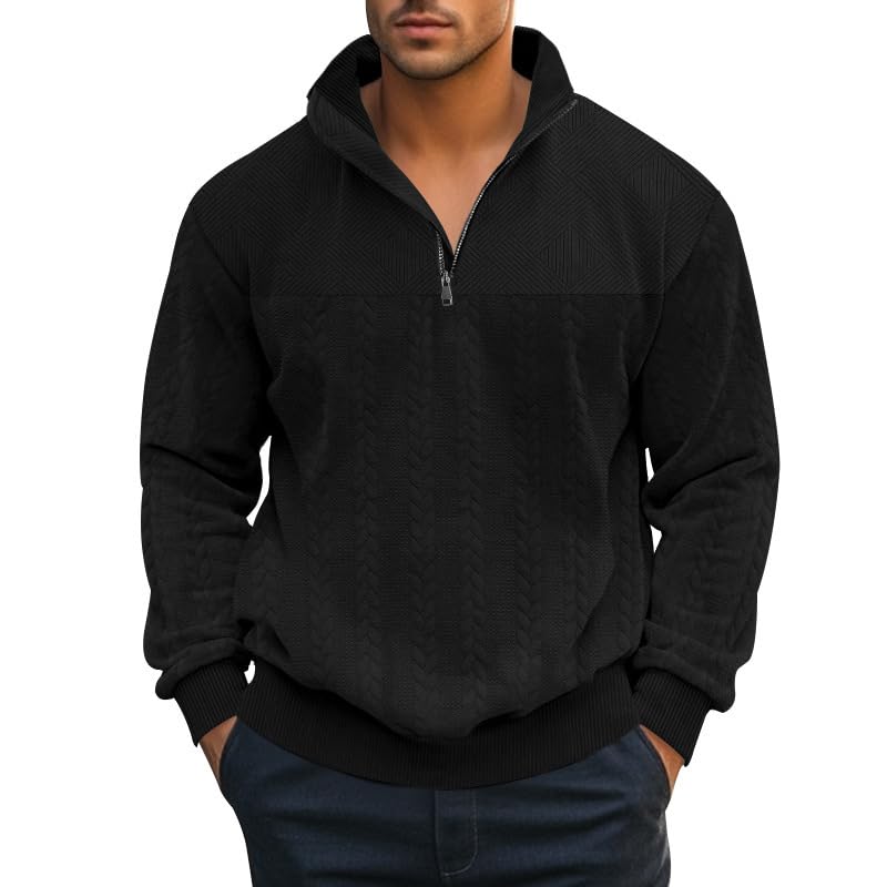 Mens Casual Slim Fit Pullover Quarter Zip Knitted Sweaters Long Sleeve Jacquard Trendy Heavyweight Warm Polo Pullovers