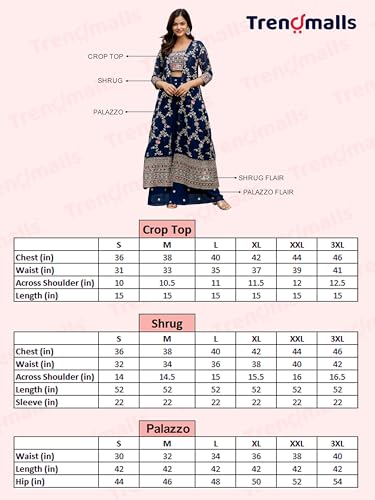 Image of TRENDMALLS Women's Georgette Embroidery Sequence Work Crop Top with Flared Palazzo and Shrug Set Ethnic Salwar Set