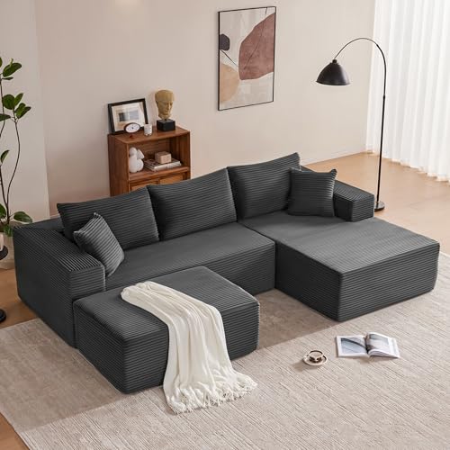 Image of Mangodan 110 inch Cloud Sectional Couch, Boneless Sofa for Living Room, Modular Sectional Sofa with Deep Seat, Comfy Fluffy U-Shaped Couch with Right-Facing Chaise, No Assembly Required, Grey