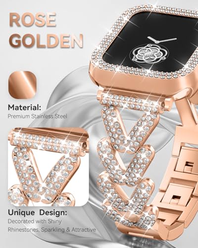 Image of Rhinestones Encrusted Metal Bracelet and Case, Compatible with Apple Watch Bands 38mm-49mm (Series 11 /1 /SE /Ultra 2)- Bling Gold Women's Jewelry Strap, Luxury iWatch Bracelet with Screen Protector