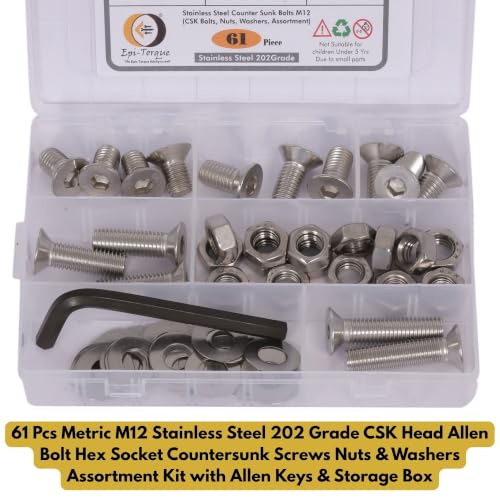 Image of Metric M12 Stainless Steel 202 Grade CSK Head Allen Bolt Hex Socket Countersunk Screws Nuts & Washers Assortment Kit with Allen Keys & Storage Box - 61 Pieces