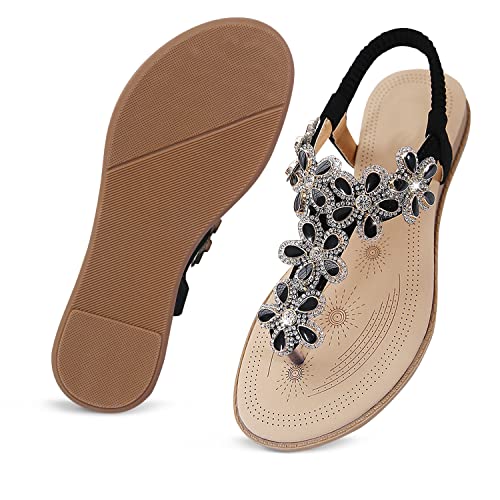 Image of iCKER Women Rhinestone Sandals T-Strap Buckle Bohemian Pearl Crystal Flat Sandals