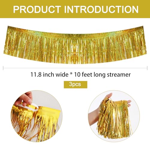Image of BEISHIDA 3 Packs 30 Feet Metallic Foil Fringe Garland Tinsel Streamers,Laser Gold Wall Hanging Tinsel Fringe Banners for Wedding Birthday Party Decoration Halloween Christmas New Year