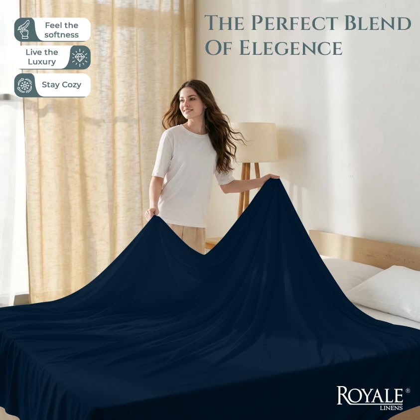 Image of Royale Linen 400 Thread Count 100% Cotton Flat Sheets Only - Cooling Sheets - King Flat Bed Sheets Sold Separately - Luxury Sateen Weave - Breathable & Super Soft Top Sheet Only (King, Rivera Navy)