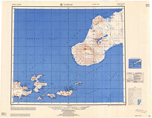 YellowMaps Unimak AK topo map, 1:250000 Scale, 1 X 2 Degree, Historical, 1958, 22.1 x 28.4 in - Polypropylene