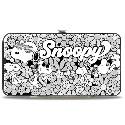 Buckle-Down Peanuts Wallet, Hinged, Snoopy Poses and Daisy Flowers Collage Black Grays White, Vegan Leather