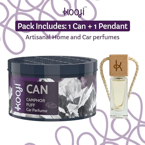 Image of Kooji Can Car Perfume + 5ml Car Hanging Perfume Pendant (Free) - Camphor Puff Scent - Long-Lasting, Alcohol-Free, Oud & Saffron Oriental Fragrance - For Car, Home, or Office Use - Lasts Up to 60 Days