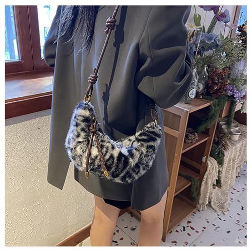 Image of Leopard Fluffy Sling Dumpling Bag Cheetah Print Fuzzy Furry Shoulder Crossbody Crescent Bag Leopard Plush Horn Bag