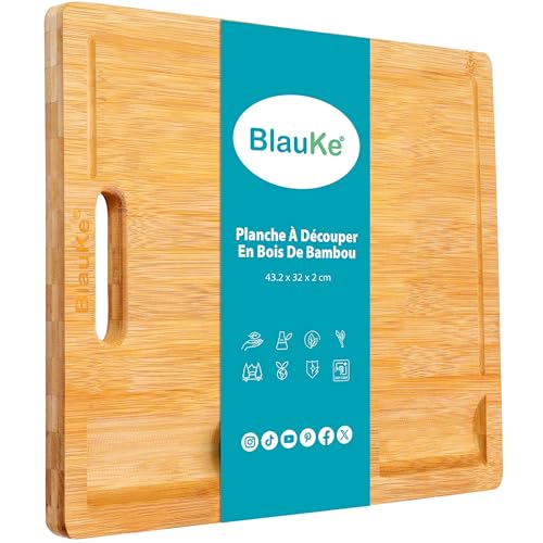 BlauKe® Planche à Découper en Bambou avec Rigole et Compartiments Récupérateurs (Grande 43x32cm) – Planche en Bois Épaisse pour Viande Pain Fromage...