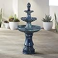 Modern Outdoor Cascading Floor Water Fountain with LED Light 3-Tier Teal Blue Ceramic 46" for Yard Garden Patio Backyard Deck Home Lawn Porch House Exterior Balcony - John Timberland